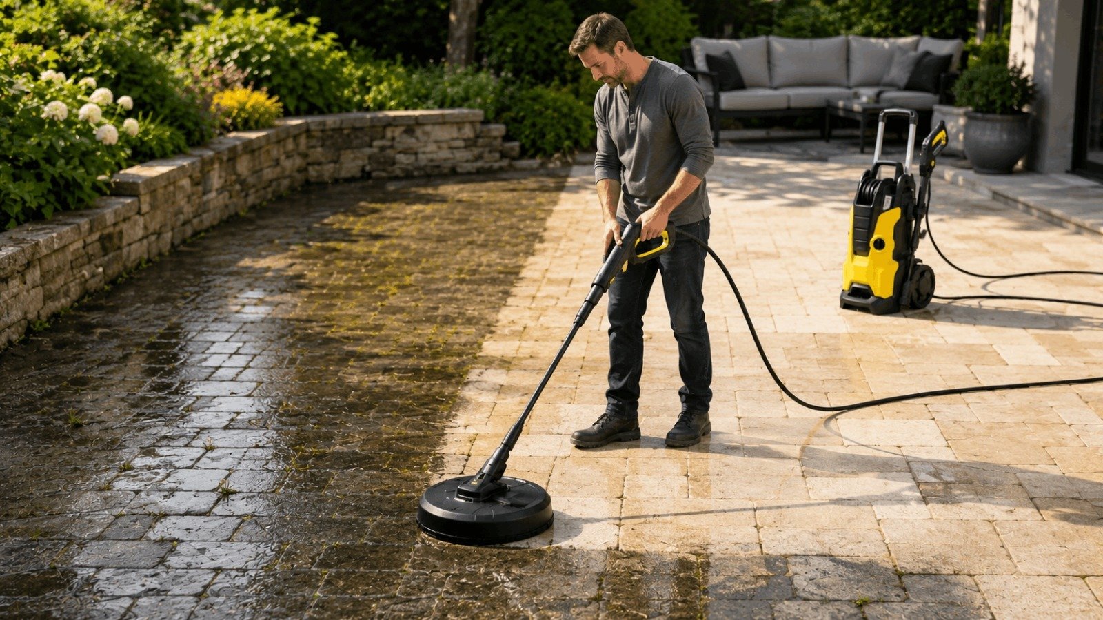 Cleaning dirty outdoor stone patio tiles using the Karcher K5 surface cleaner attachment