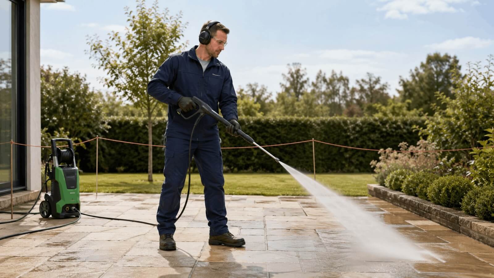 Man operating a pressure washer safely wearing protective eyewear ear protection and boots