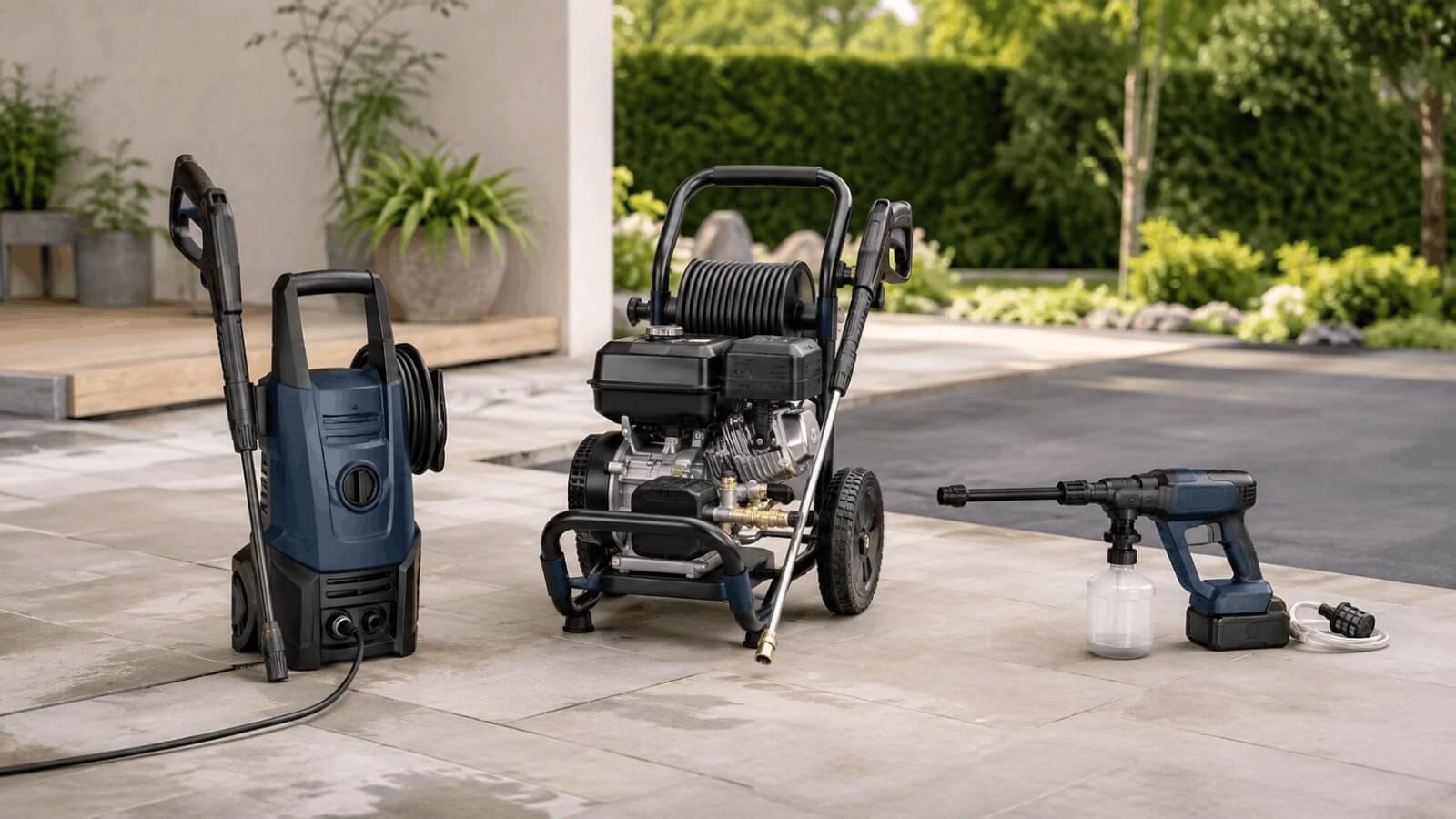Comparison of electric gas and cordless battery powered pressure washer models