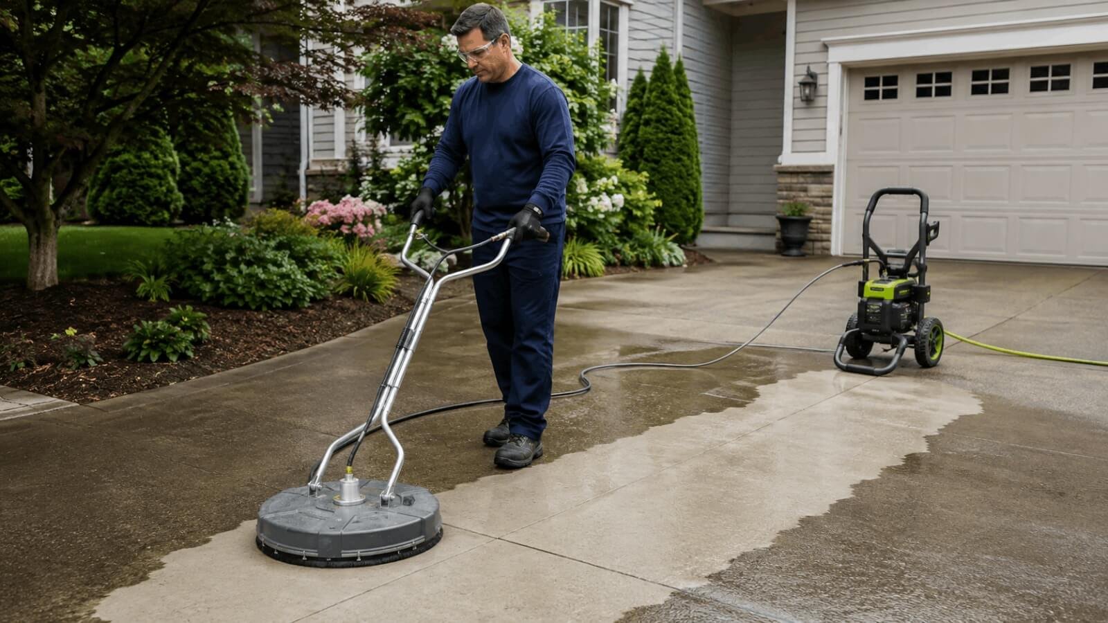 Professional operator cleaning a concrete driveway using a pressure washer surface cleaner attachment