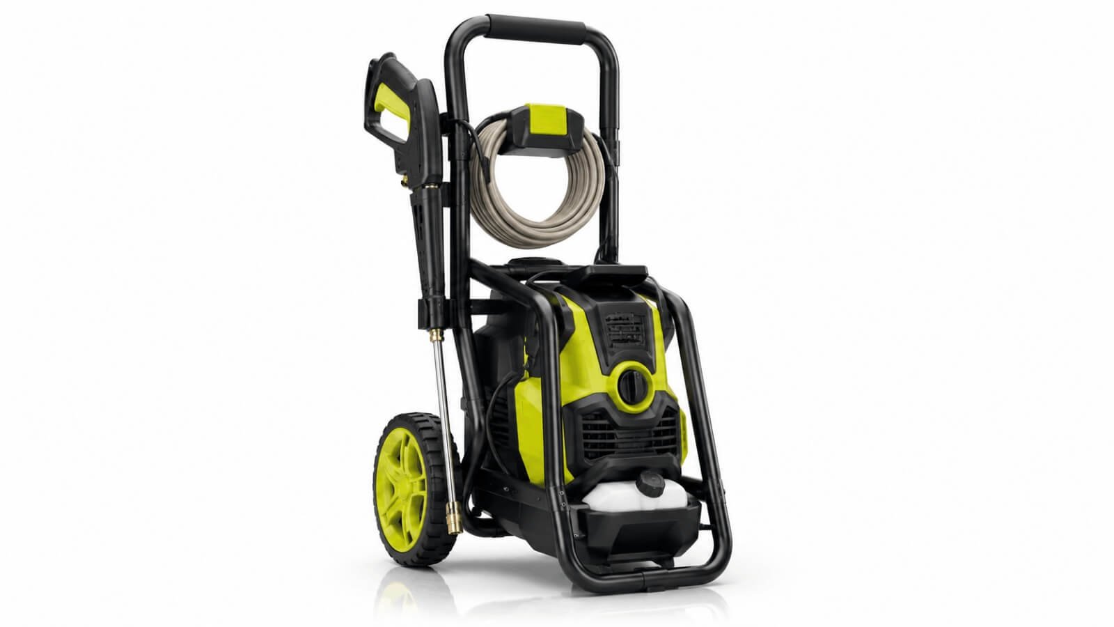 Full studio view of RYOBI 2500 PSI electric pressure washer with onboard soap tank and hose storage