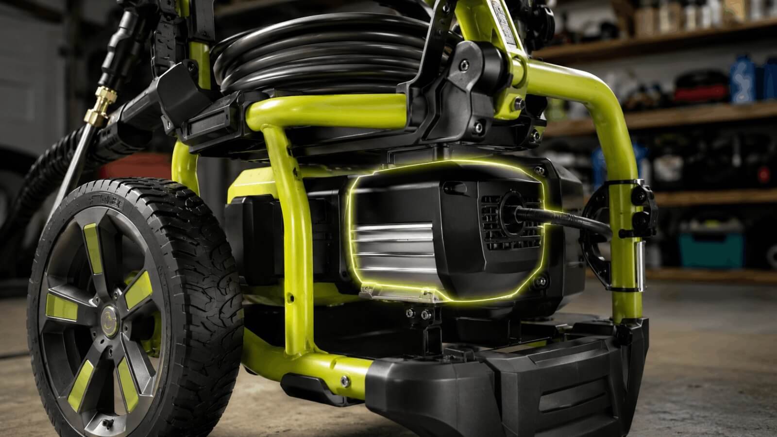 Close-up highlighted view of the RYOBI electric pressure washer motor and pump mechanism