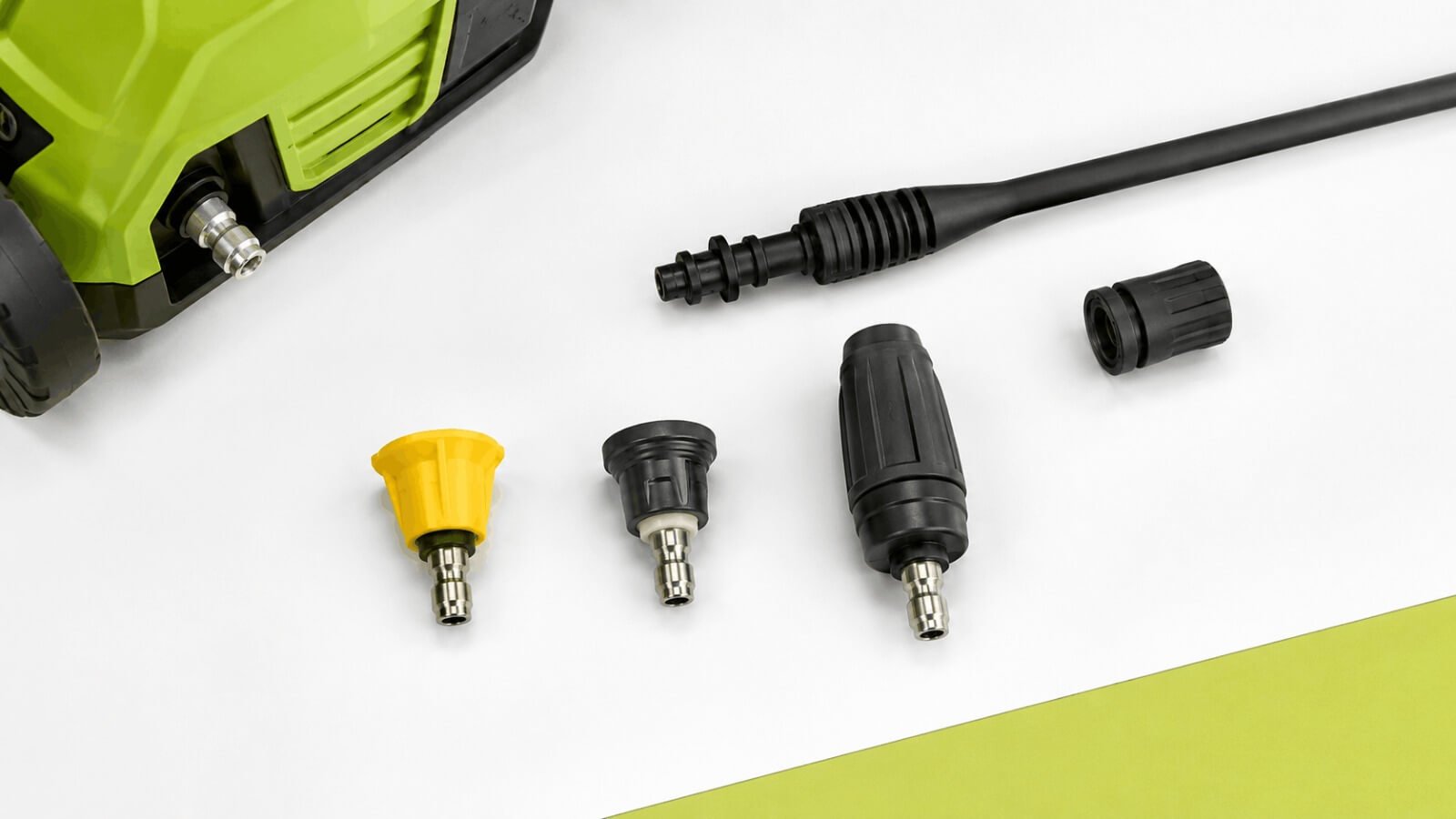 Included quick-connect nozzles for RYOBI pressure washer including 15 degree, soap, and turbo nozzle