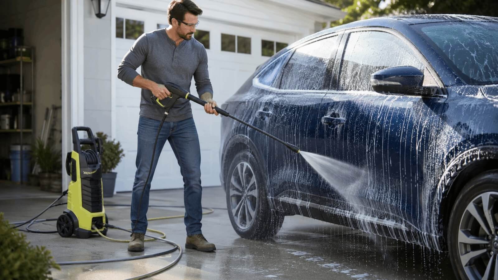 Man pressure washing a dark blue SUV using RYOBI electric pressure washer and soap nozzle