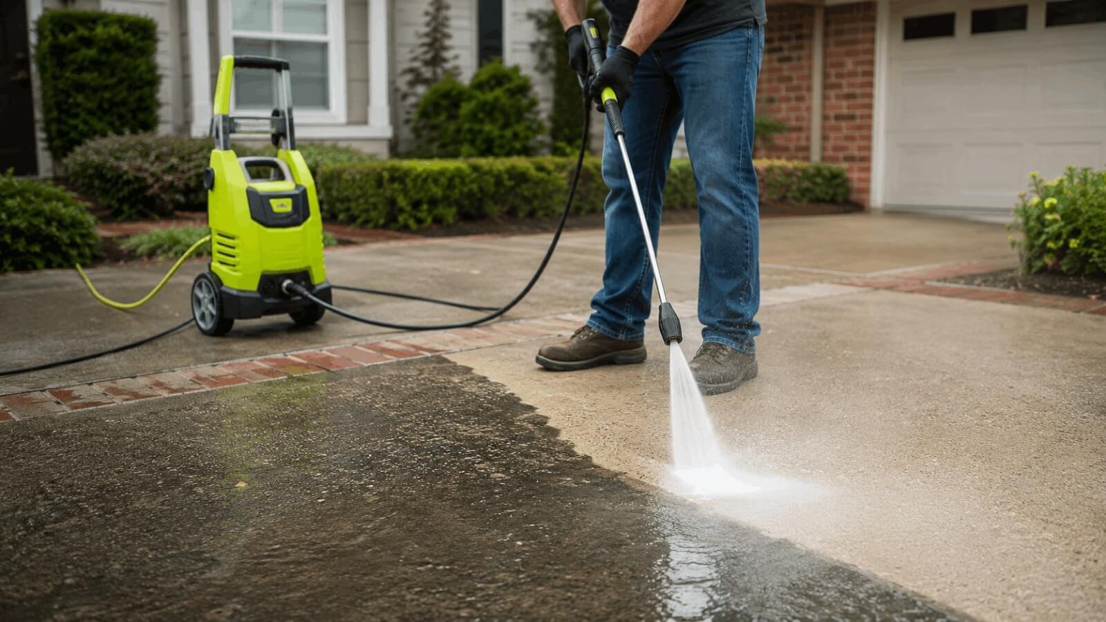 Pressure washing dirty concrete driveway showing clean surface contrast with RYOBI turbo spray wand
