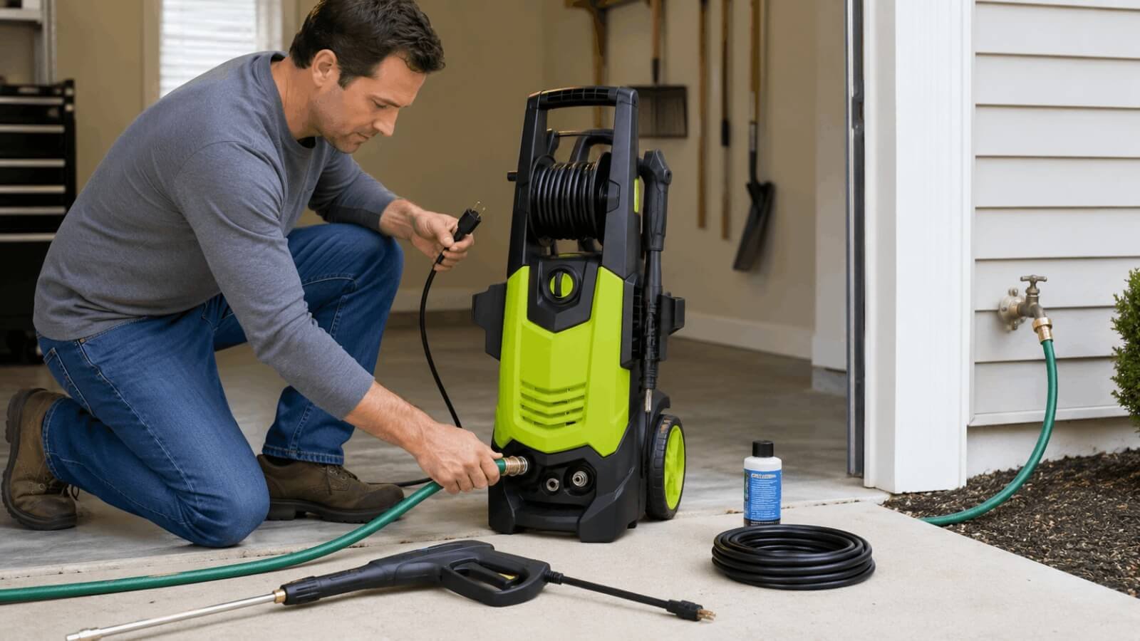 Person connecting garden hose and power cord to RYOBI electric pressure washer outside garage