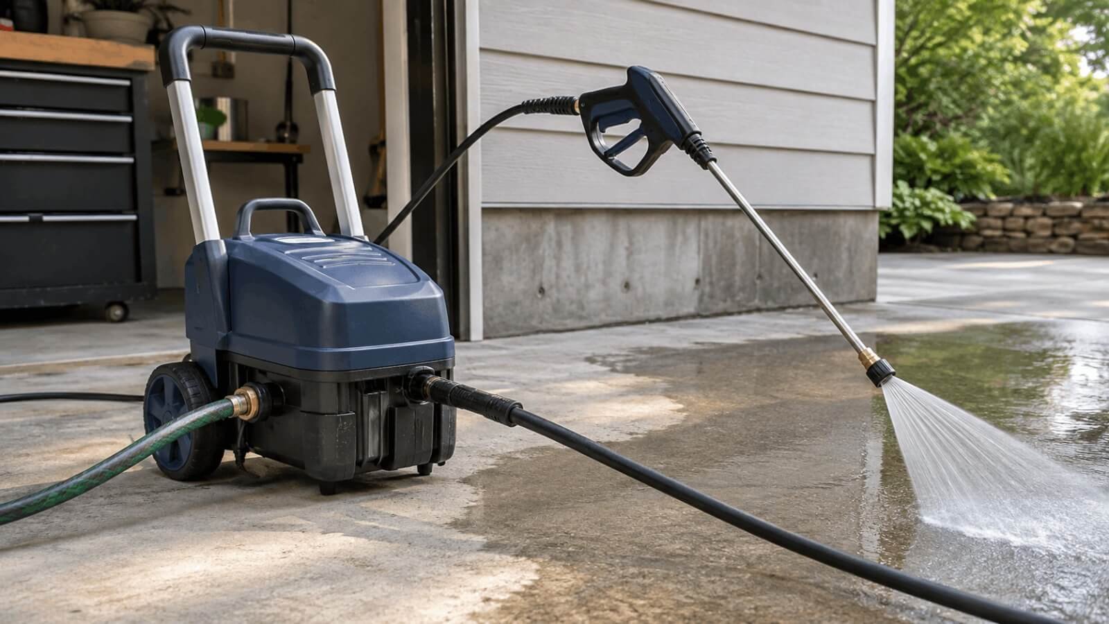 Compact electric pressure washer setup connected to garden hose and high pressure spray gun