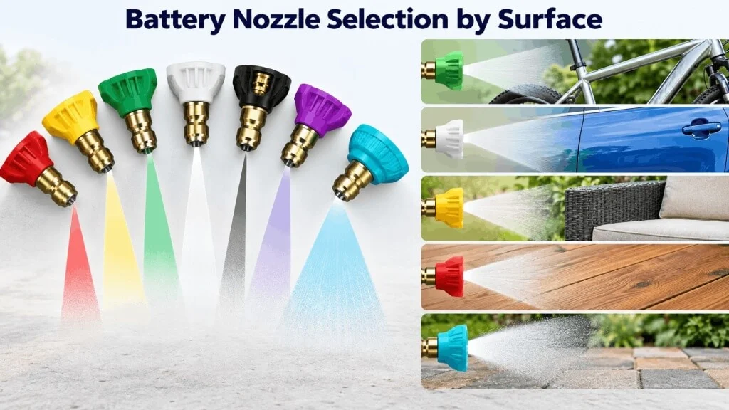 Color coded spray nozzles showing different spray patterns for bike, car, patio, and wood surfaces
