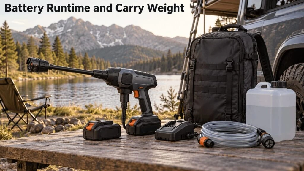 Compact pressure washer spray gun displayed with rechargeable batteries, charger, intake hose, and carrying backpack.
