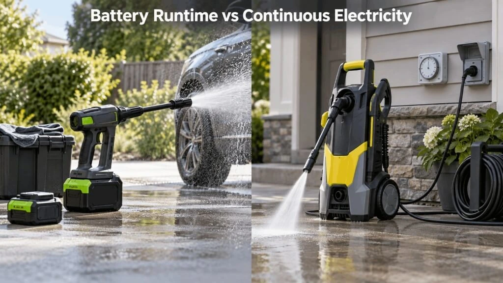 Comparison of cordless battery runtime and corded electric pressure washer continuous electricity
