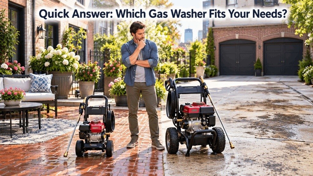 Man deciding between Simpson and Westinghouse gas pressure washers for