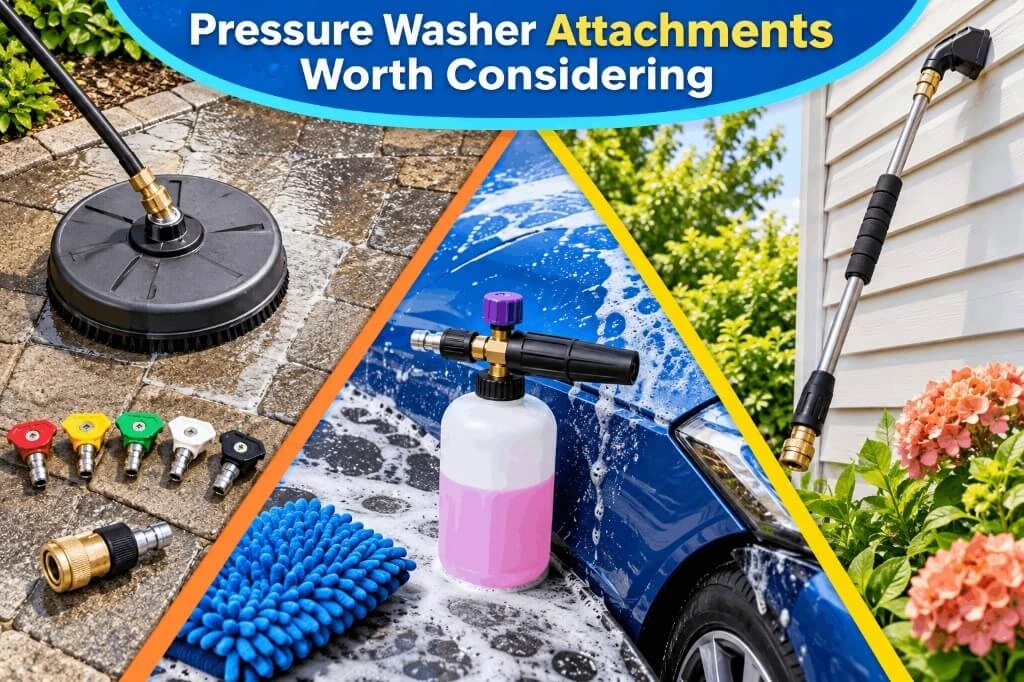 Useful pressure washer attachments including a surface cleaner, foam cannon, and extension wand in action