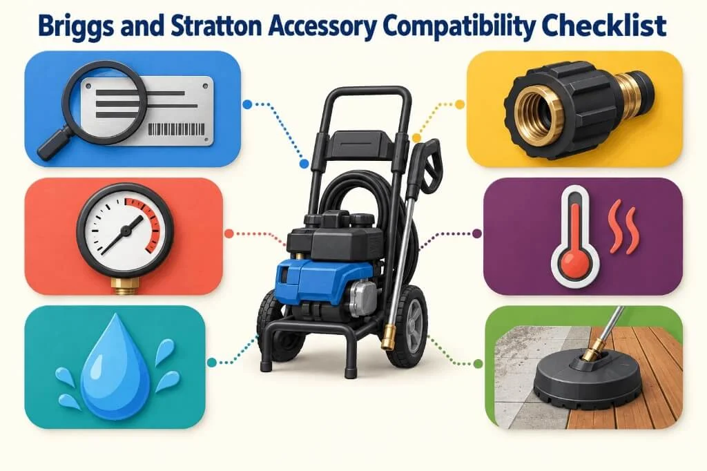 Compatibility checklist illustrating key factors like model number, pressure rating, and connectors for pressure washers