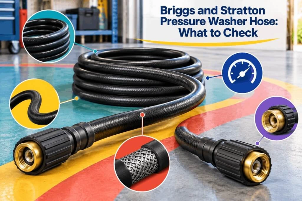 Checking features, connectors, and specifications of a Briggs and Stratton pressure washer hose