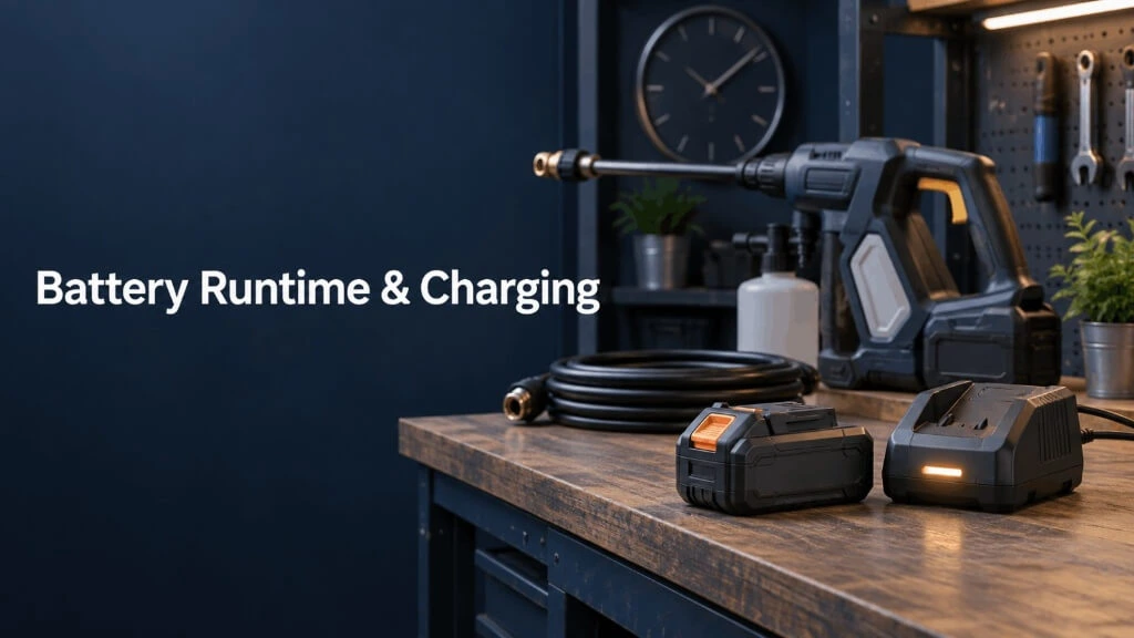 Lithium-ion pressure washer battery and charger resting on a wooden workbench next to a spray gun.