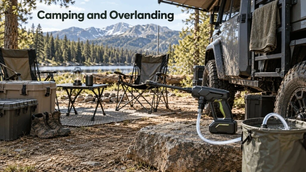 Cordless battery pressure washer set up next to a 4x4 overlanding vehicle and camping gear.
