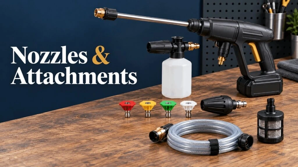 Assorted pressure washer quick-connect nozzles, foam bottle attachment, suction hose, and filter on a table.