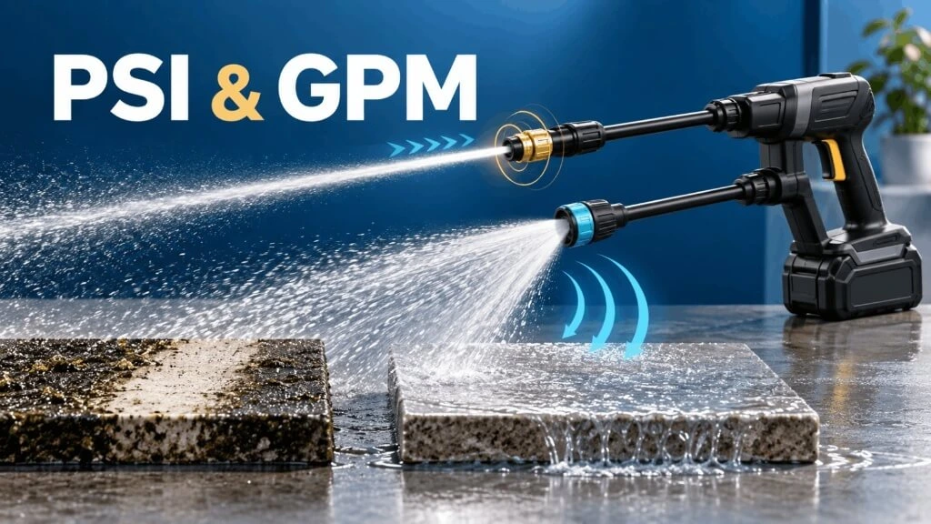 Comparison of water spray pressure showing PSI and GPM output on a handheld cordless pressure washer.