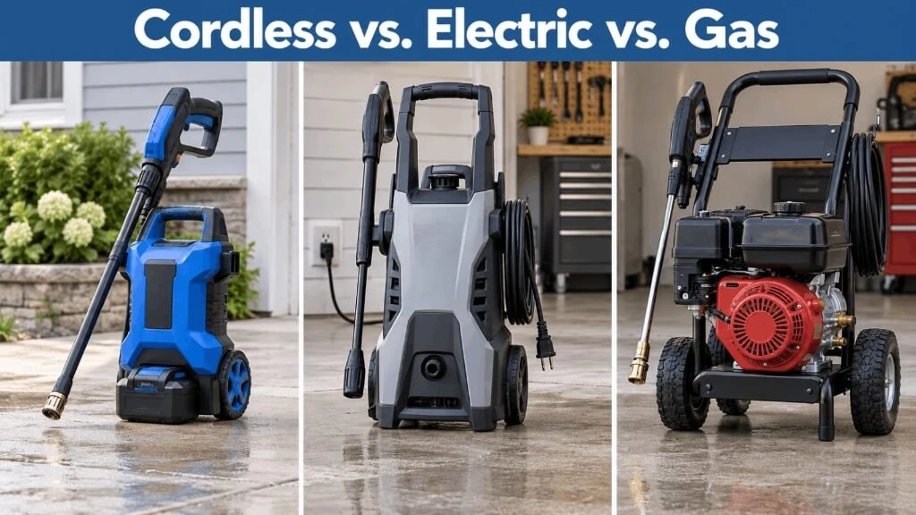 Side-by-side comparison of a portable battery cordless pressure washer, a corded electric washer, and a heavy-duty gas pressure washer.