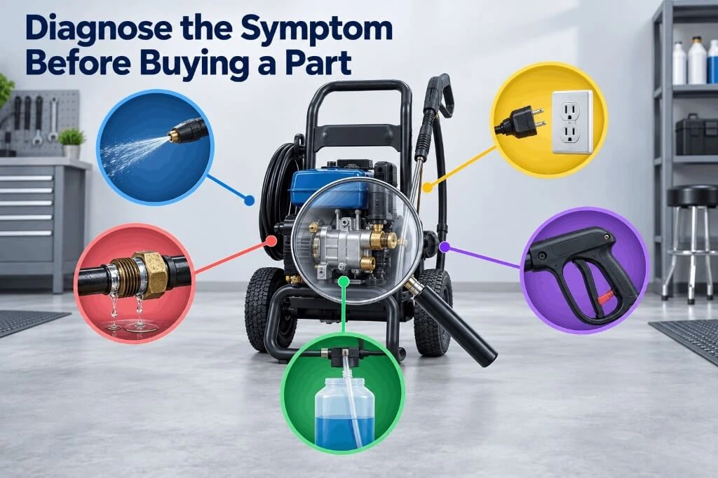 Visual troubleshooting guide showing common pressure washer symptoms like leaks, weak spray, and starting issues.