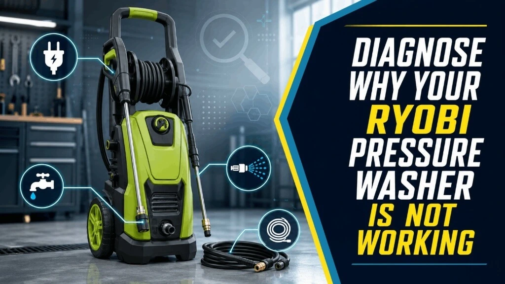 Diagram showing main diagnosis points on a Ryobi electric pressure washer including plug, water supply, and hose.
