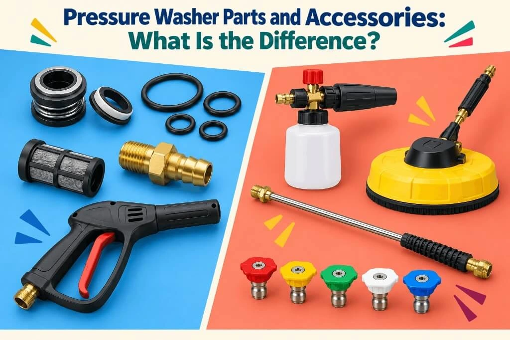 Comparison showing individual pressure washer replacement parts on one side and optional accessories on the other.