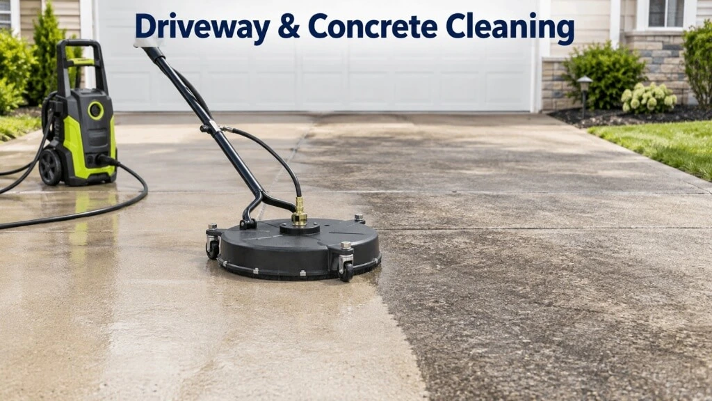 A circular surface cleaner attachment is actively cleaning organic stains on a concrete driveway, attached to a stationary Greenworks Pro GPW3001 pressure washer.