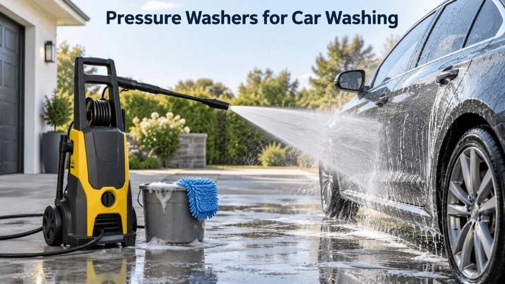 Using an electric pressure washer with foam cannon to wash a car on a driveway