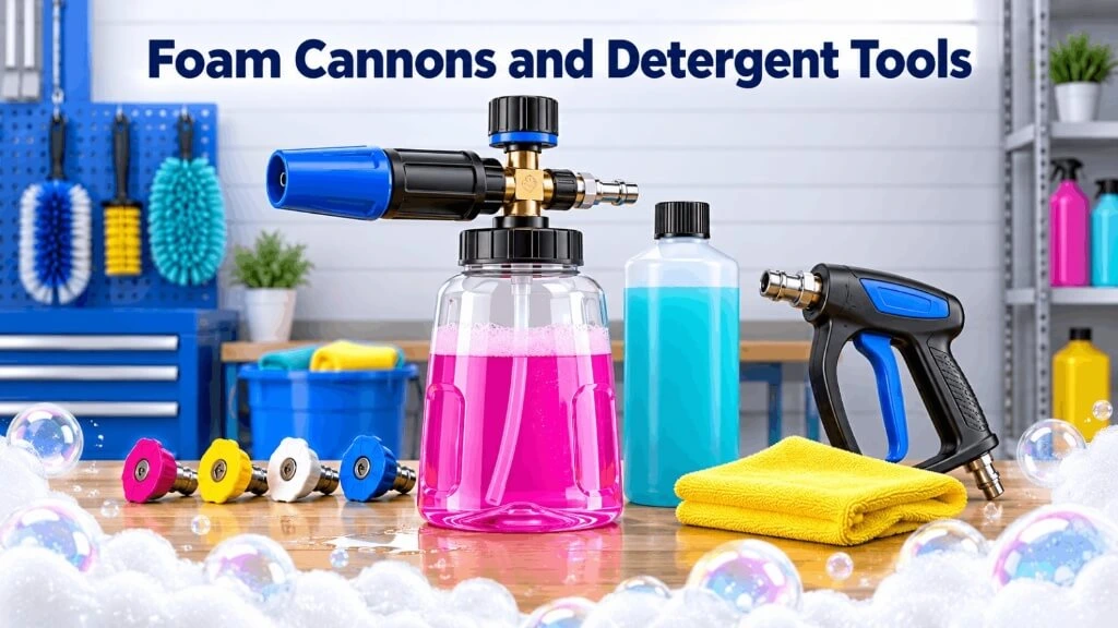 High pressure foam cannon bottle with spray nozzle tips for detergent application.