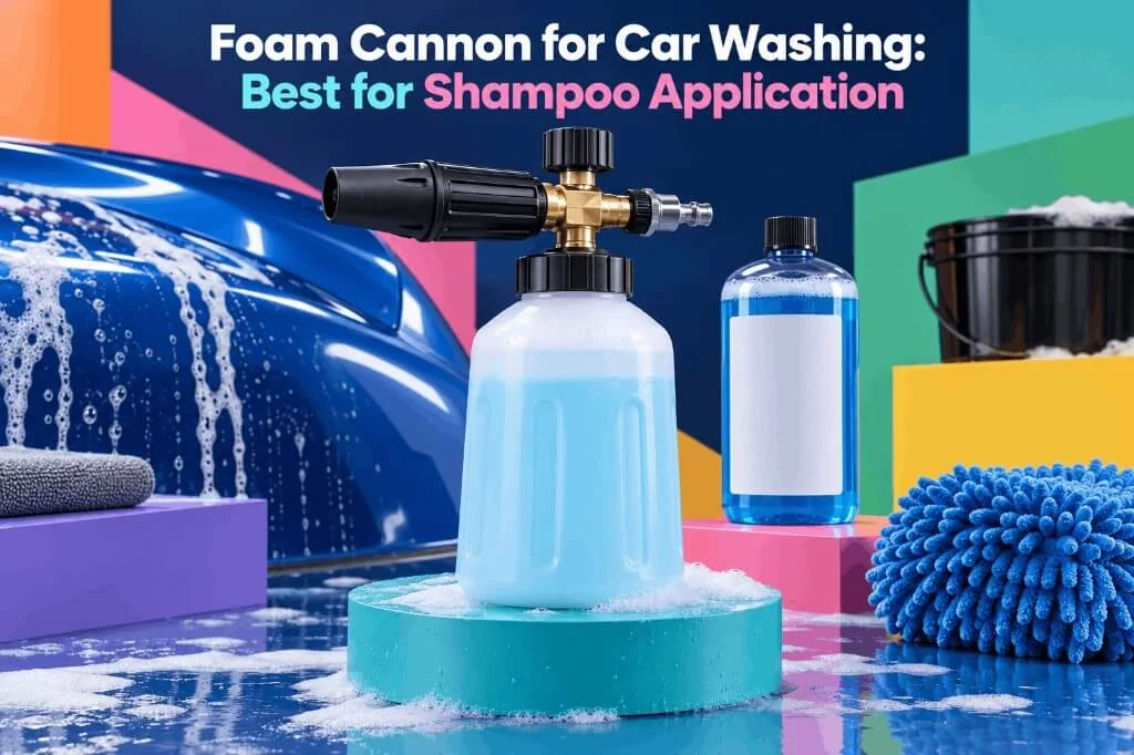 Brass head foam cannon bottle filled with blue shampoo next to a soapy car surface and wash mitt.