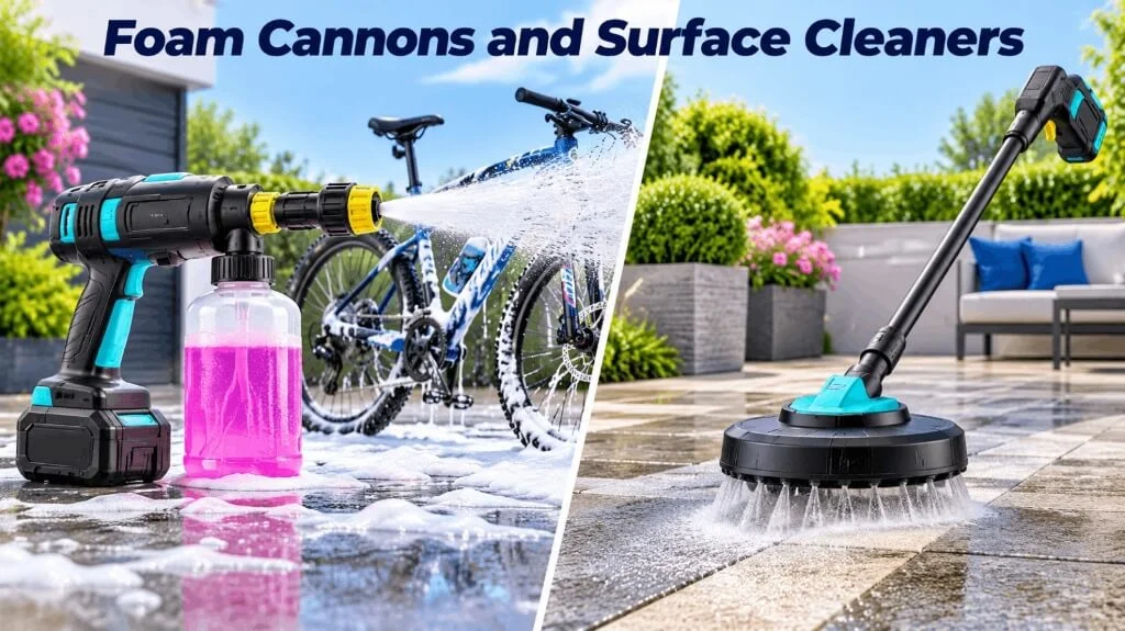 Foam cannon spraying soap on a bicycle and a rotating surface cleaner attachment on patio tiles
