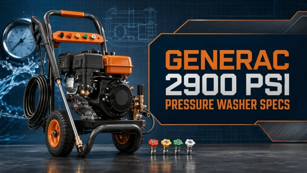 Detailed specifications for the Generac 2900 PSI pressure washer.