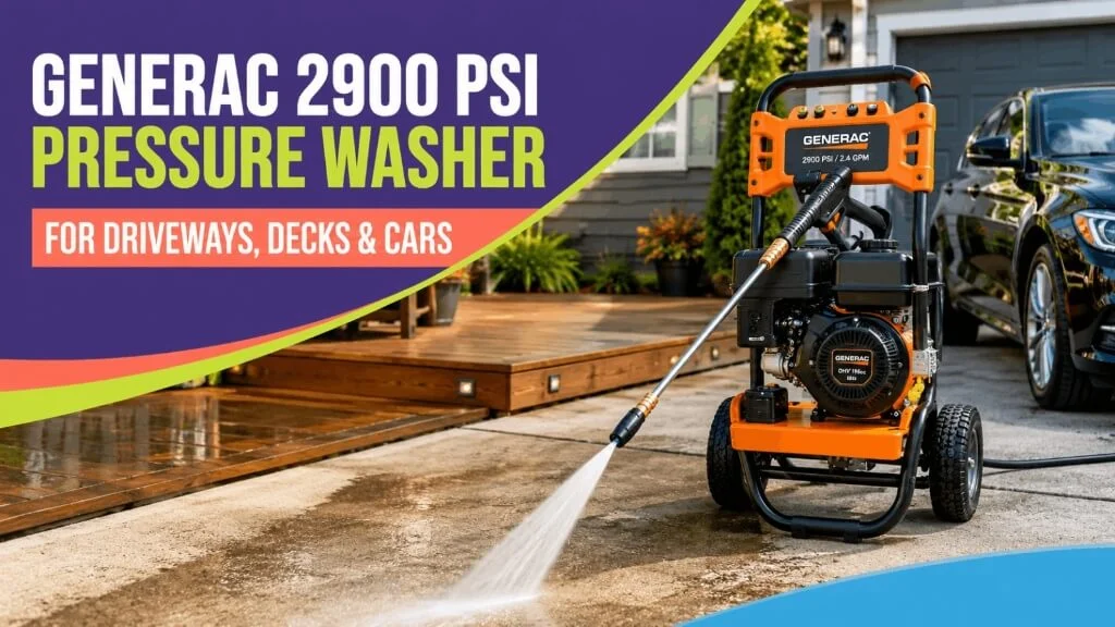 Generac 2900 PSI pressure washer being used to clean driveways, decks, and cars.