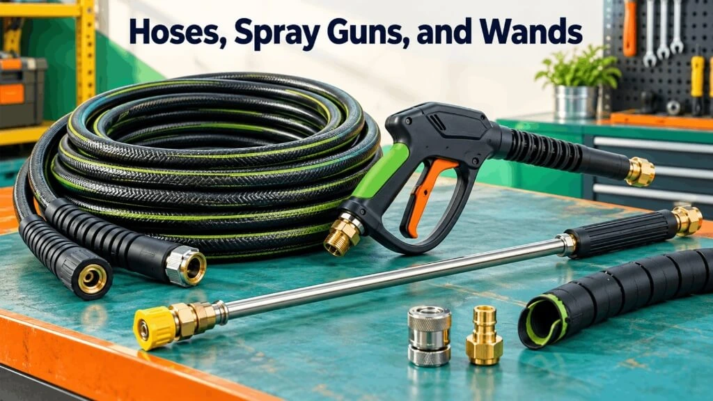 High pressure washer replacement hose, spray gun, and extension wand setup.
