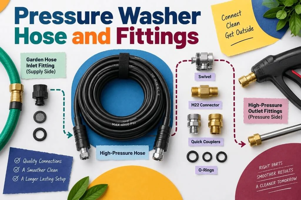 High-pressure washer hose layout showing garden hose inlet adapter, swivel joints, quick couplers, and O-rings.