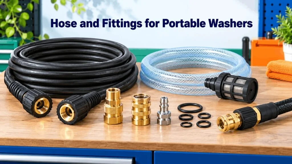 Various high pressure hoses, quick connect brass fittings, adapter couplers, and filter mesh for portable washer