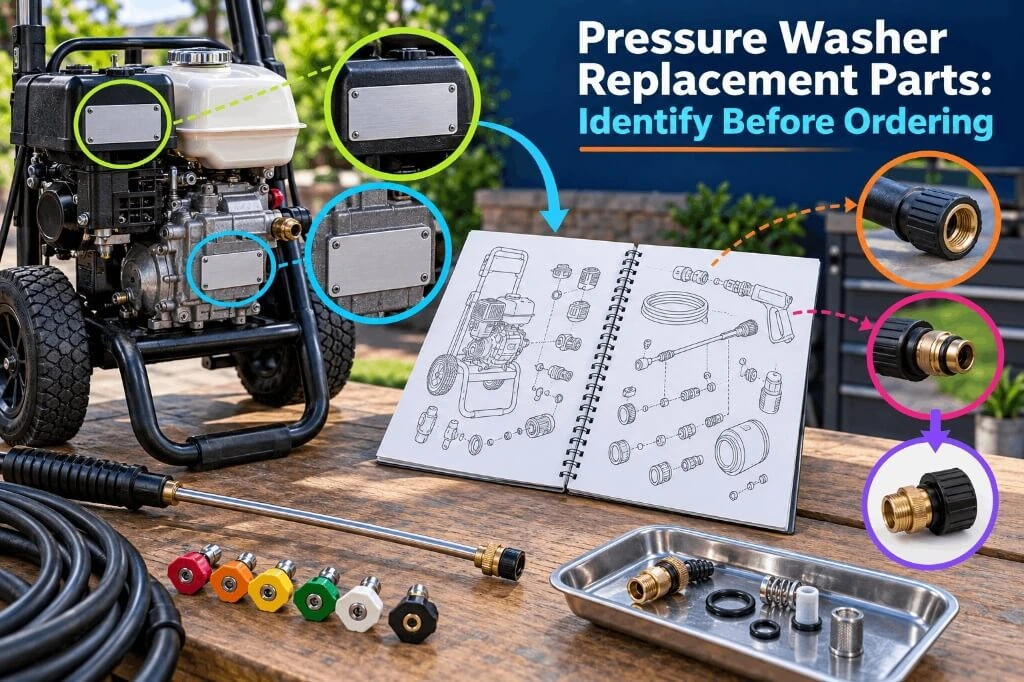 Checking a pressure washer model label and parts diagram to identify correct replacement parts