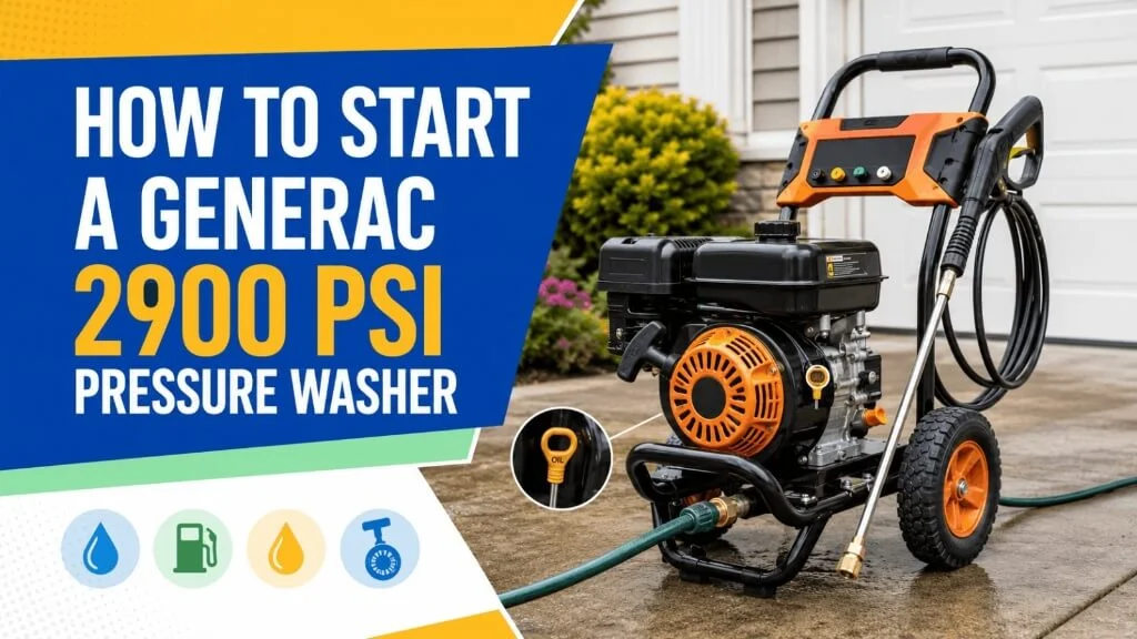 Step-by-step instructions on how to start the Generac 2900 PSI pressure washer.