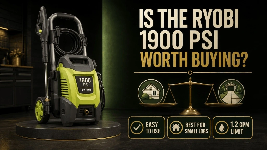 Buying recommendation graphic weighing pros and cons of the Ryobi 1900 PSI 1.2 GPM electric pressure washer for home use.