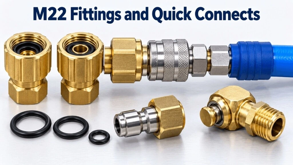 Brass M22 fittings, O-rings, and quick disconnect adapters for generic pressure washer accessories.