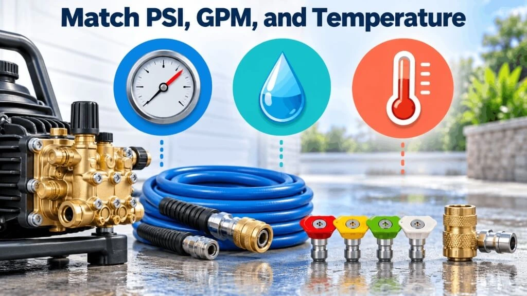 Pressure washer pump with gauge icons for PSI, GPM water flow, and temperature rating alongside color-coded nozzle tips.