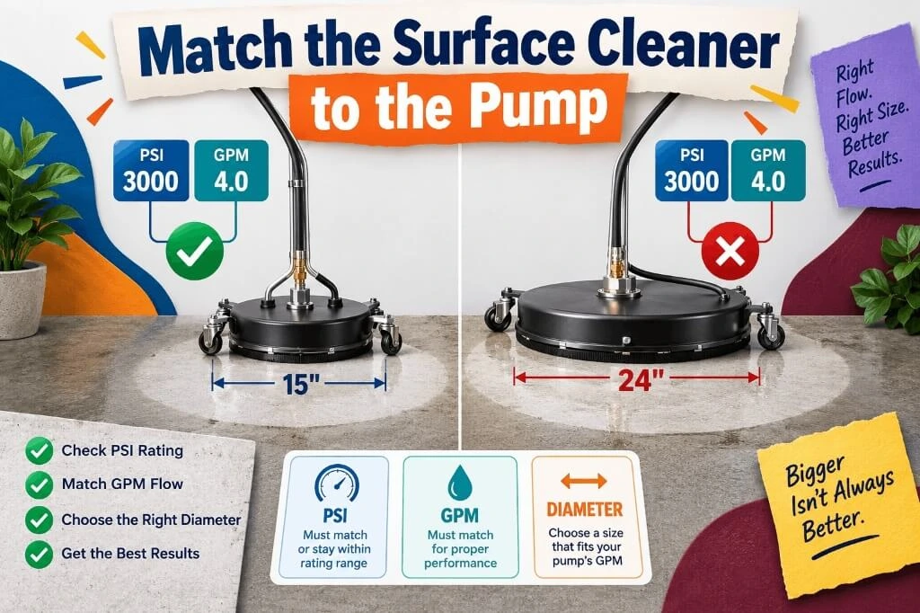Comparison illustrating how to choose the right surface cleaner diameter based on pressure washer PSI and GPM ratings.