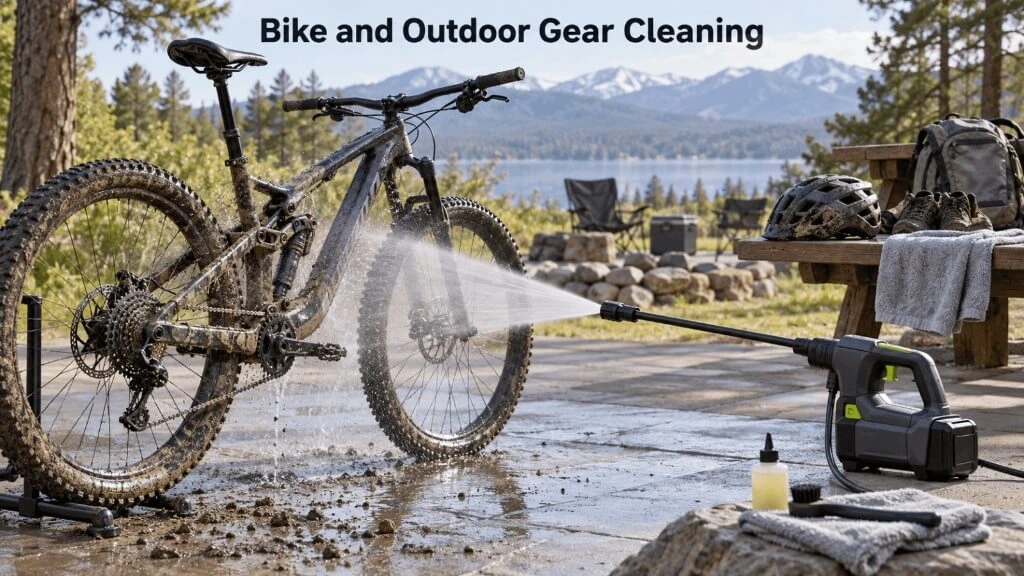 Washing a muddy mountain bike using a gentle spray pattern from a portable cordless pressure washer.