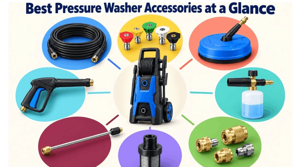 Diagram showing various pressure washer attachments connected to a central electric pressure washer unit.