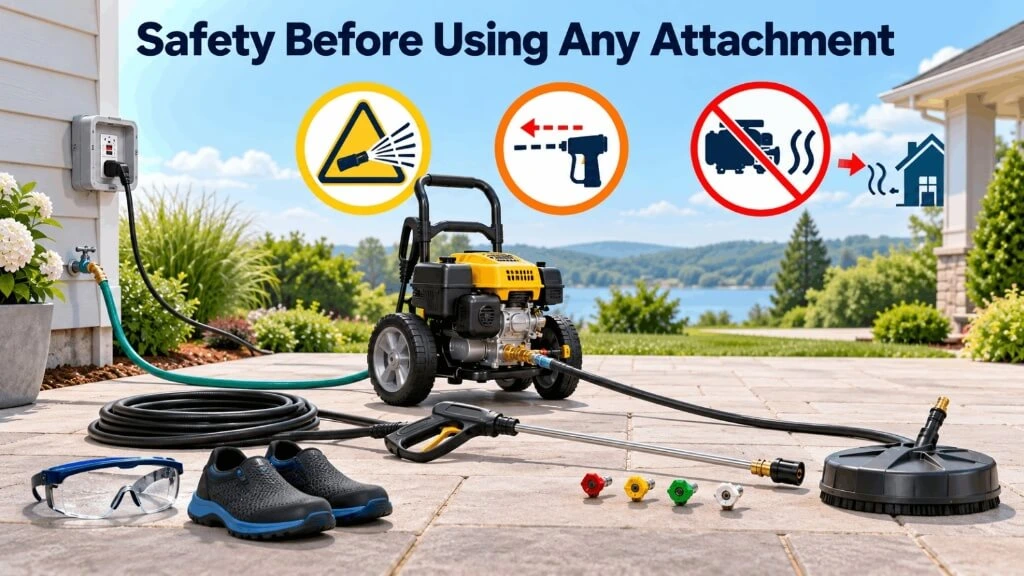 Safety equipment including safety glasses, protective boots, hose layout, and safety warning icons for pressure washer operation.