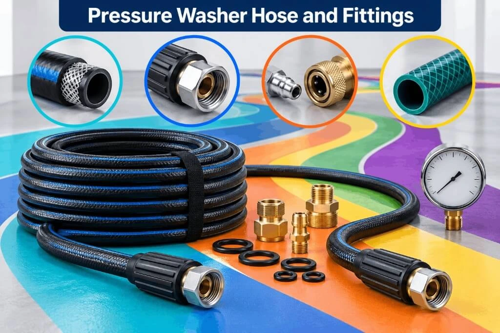 High-pressure washer hoses, threaded fittings, and quick-connect adapters laid out together.