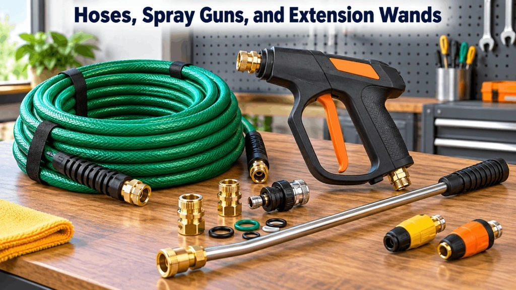 Coiled green high-pressure hose, trigger spray gun, extension wand, brass quick-connect fittings, and spray nozzles.