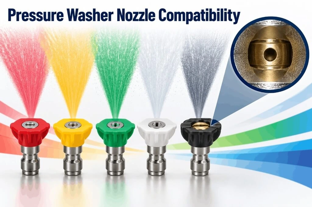 Pressure washer nozzle compatibility showing different spray angles and color-coded tips