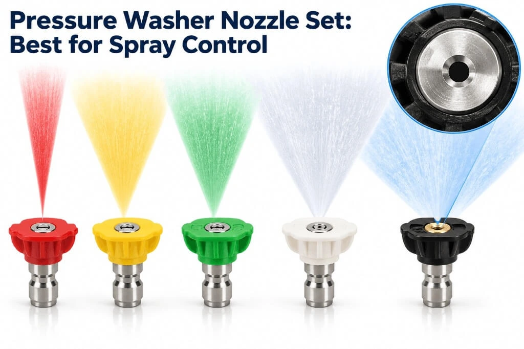 Five color-coded quick-connect pressure washer nozzle tips displaying different spray angles and patterns from narrow to wide fan.