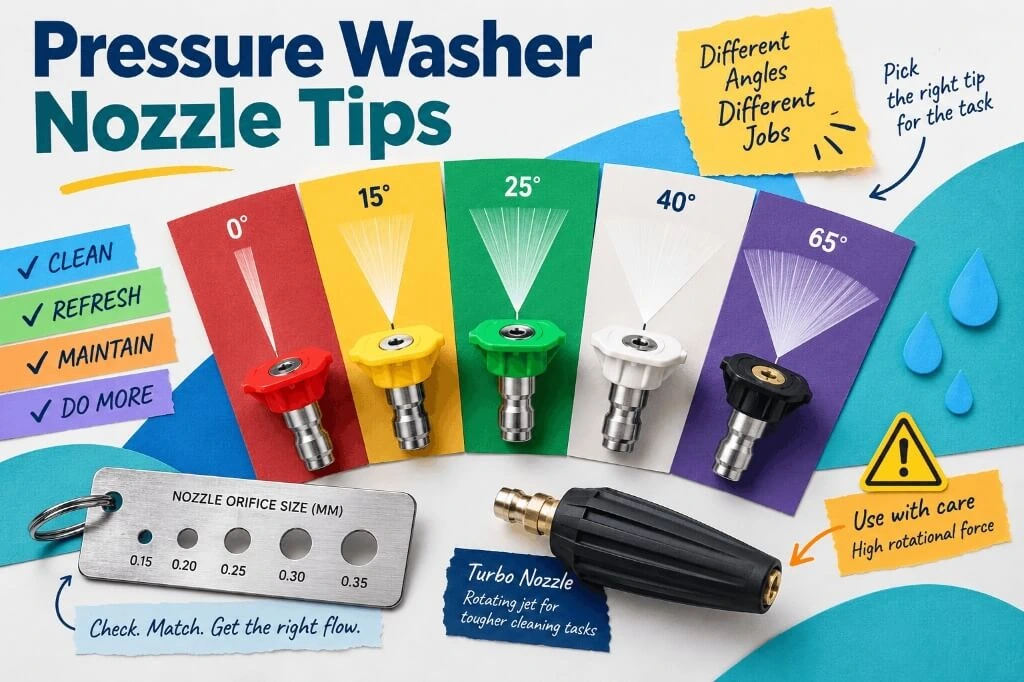Comparison of pressure washer nozzle spray angles from 0 to 65 degrees and turbo nozzle orifice sizing.
